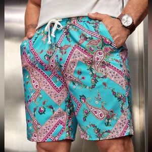 Drawstring Waist Teal Blue & Pink Paisley Floral Patchwork Shorts Sz. Small New